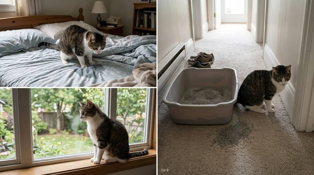 different places cat peeing outside litter box bed floor near window