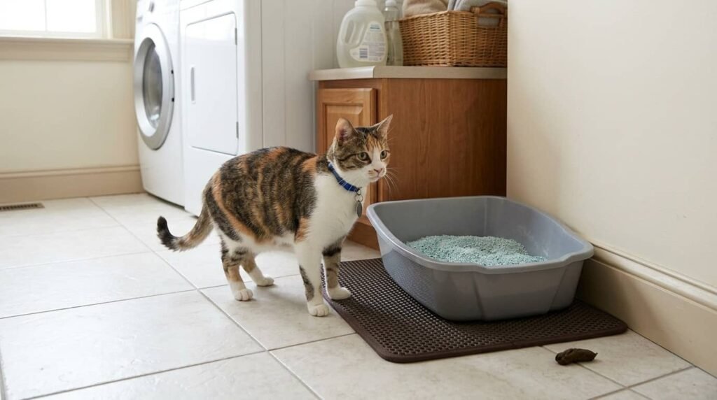 cat standing next to litter box with poop just outside