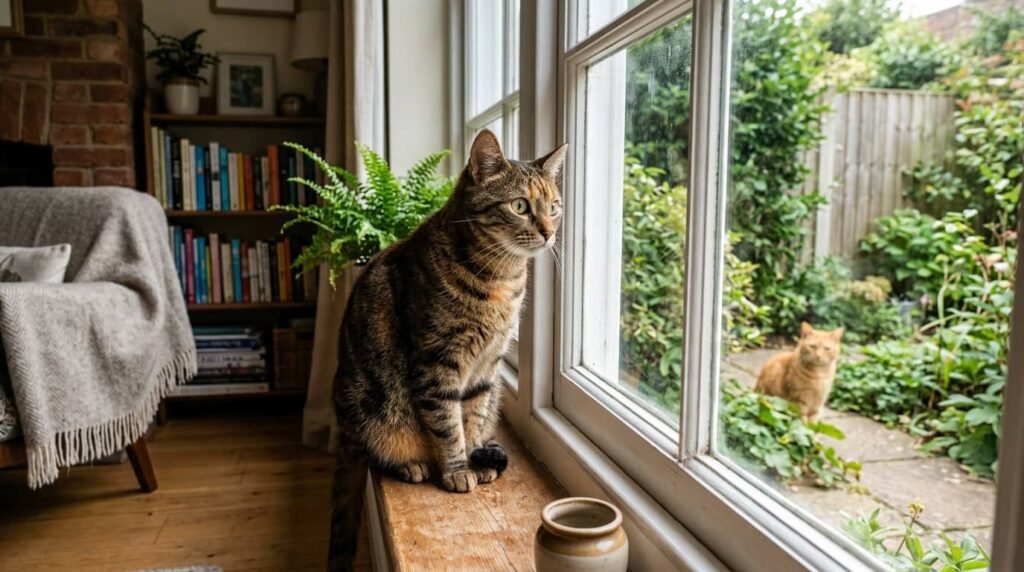 indoor cat watching another cat outside window causing stress