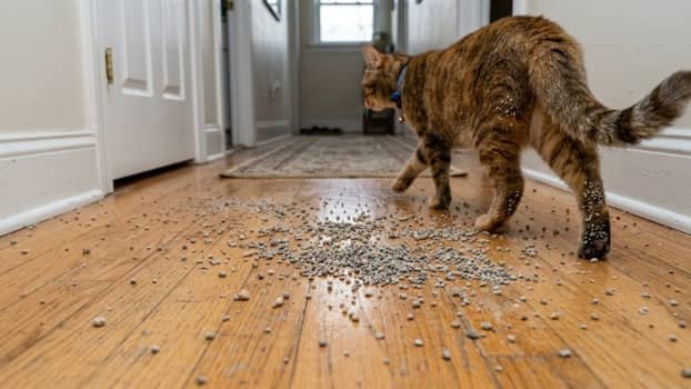cat walking away with litter stuck to paws and scattered on hardwood floor
