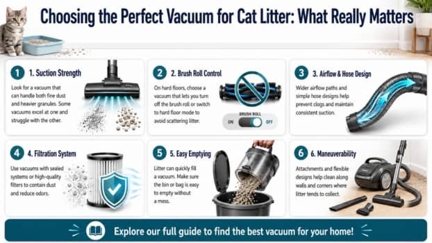 Infographic explaining how to choose the best vacuum for cat litter, including suction strength, brush roll control, airflow, filtration, easy emptying, and maneuverability.