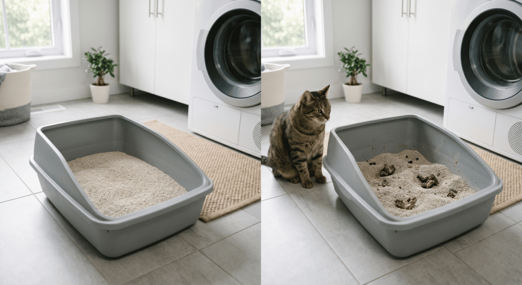 side by side comparison of clean and used cat litter showing clumps and litter condition