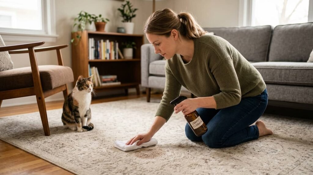 person cleaning cat poop area on carpet with spray cleaner while cat watches
