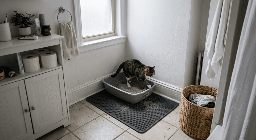 litter box in small apartment bathroom corner with cat using open litter box and litter mat