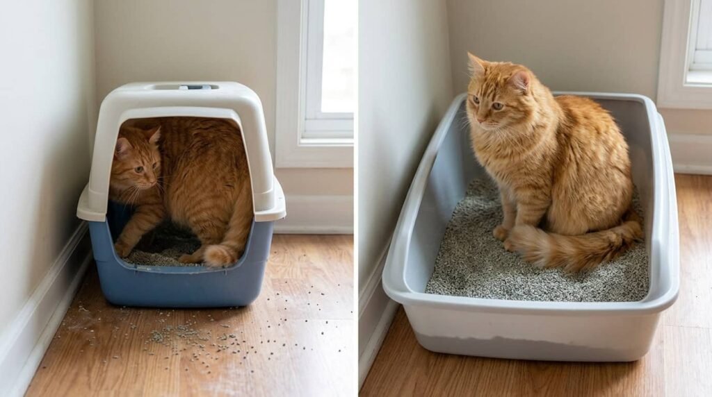 covered vs open litter box showing why cats avoid enclosed boxes