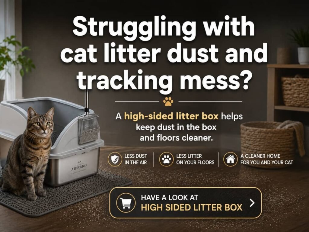 cat using high sided litter box to reduce litter dust and tracking mess on floor