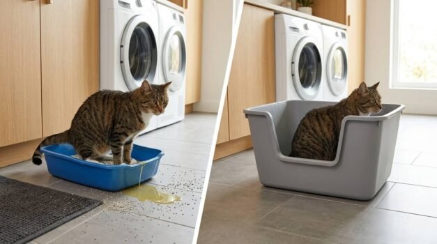 cat peeing over edge of litter box vs high wall litter box preventing mess