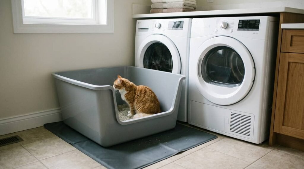 large high wall litter box with tall sides and wide base preventing cat urine from going over edge