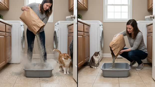 comparison of pouring cat litter from high height causing dust versus pouring slowly close to litter box with minimal dust