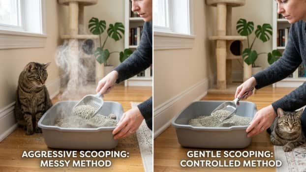 comparison of aggressive scooping vs gentle scooping showing dust cloud versus controlled low dust cleaning