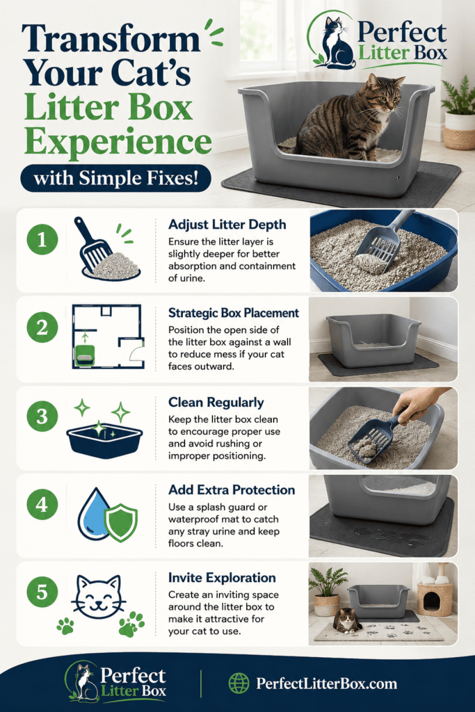 infographic showing how to stop cat peeing over edge of litter box with simple fixes like deeper litter and better placement