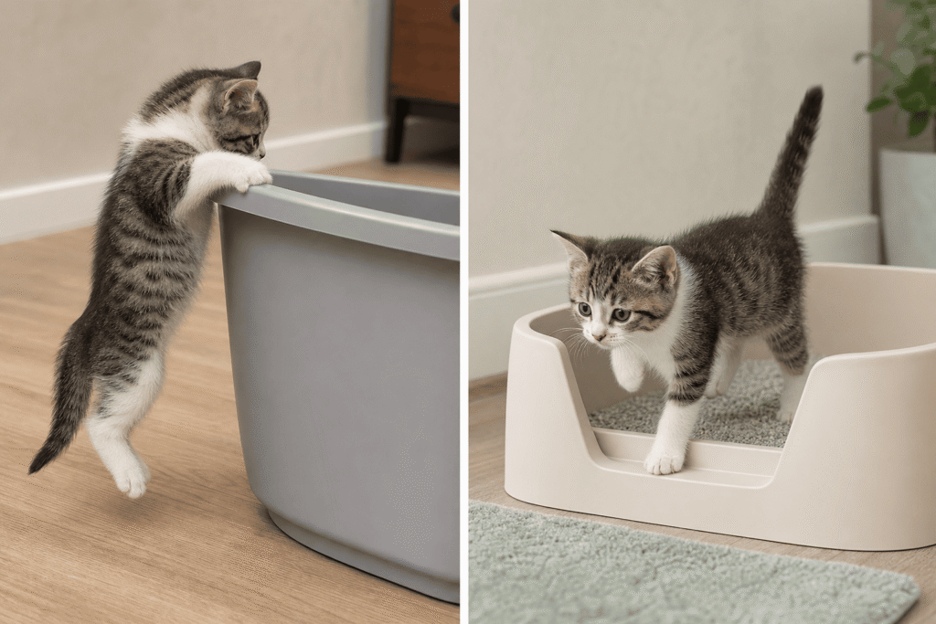 kitten struggling with high litter box vs low entry litter box comparison