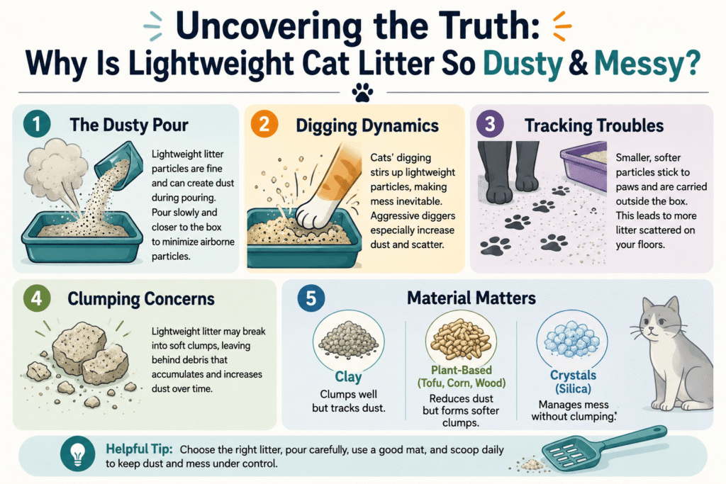 Infographic showing why lightweight cat litter creates dust and tracking, including pouring, digging, clumping, and material differences