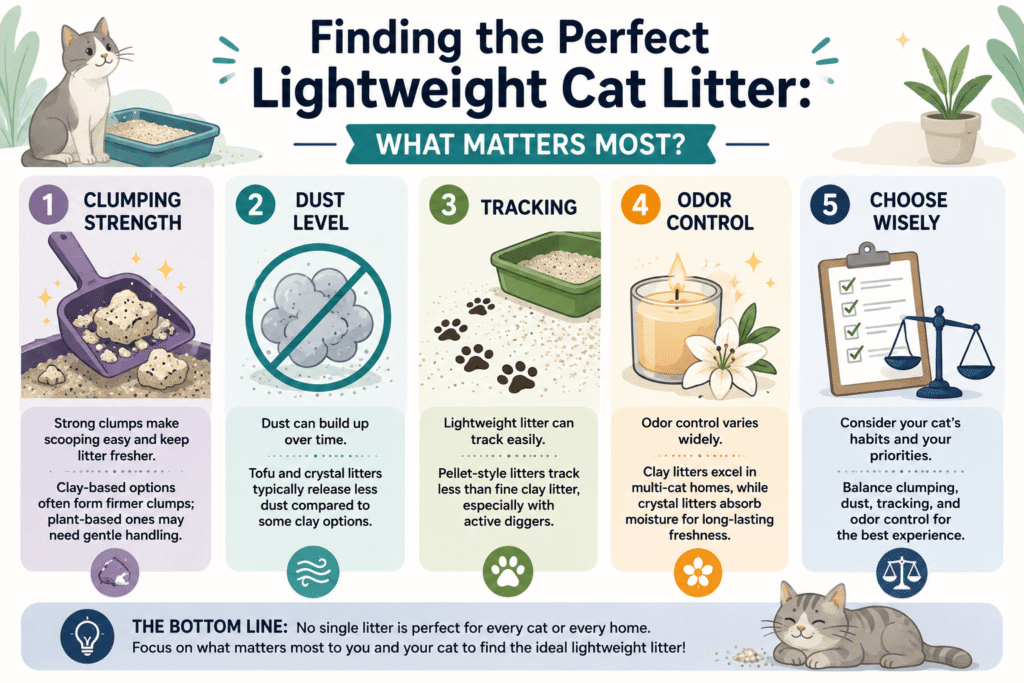 Infographic showing important features of lightweight cat litter including clumping strength, dust level, tracking, odor control, and choosing the right option