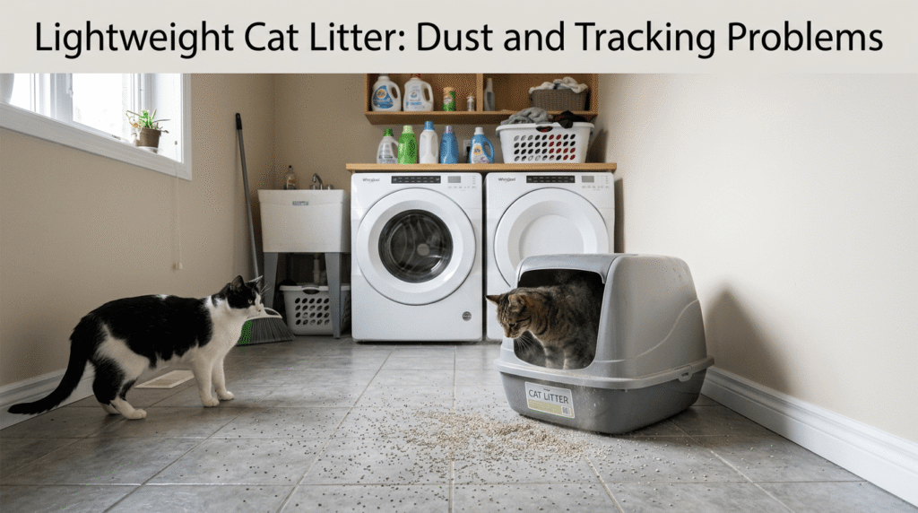Cat walking away from a litter box leaving a trail of lightweight cat litter and paw prints on a hardwood hallway floor