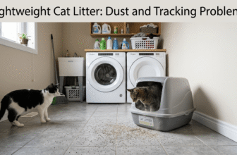 Cat walking away from a litter box leaving a trail of lightweight cat litter and paw prints on a hardwood hallway floor