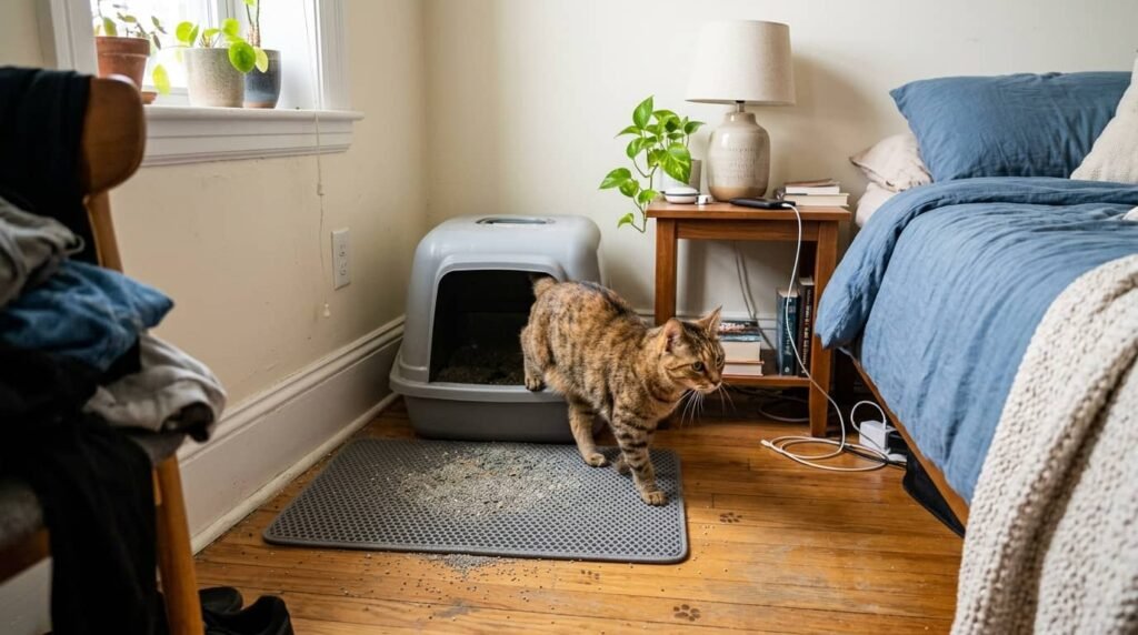 litter box in bedroom corner of small apartment with cat walking out near bed