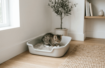 litter box for kittens with low entry tray in a quiet home corner