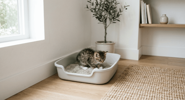 litter box for kittens with low entry tray in a quiet home corner