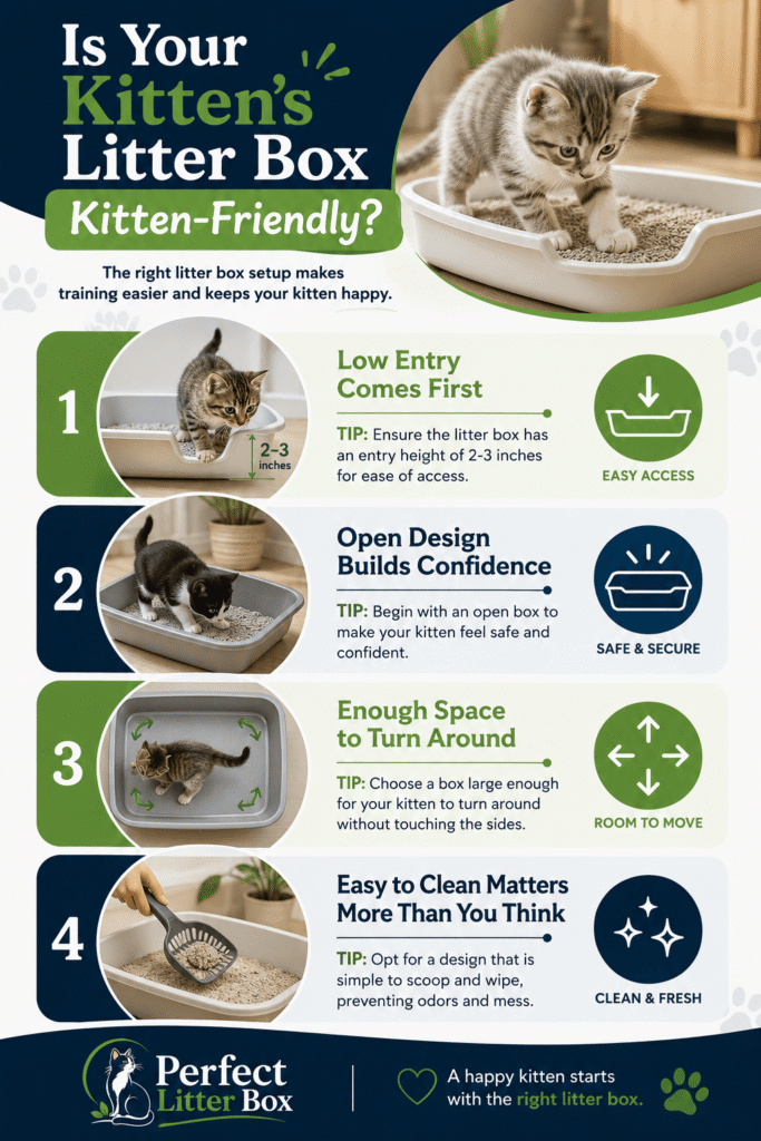 kitten litter box setup infographic showing low entry open design space and easy cleaning tips