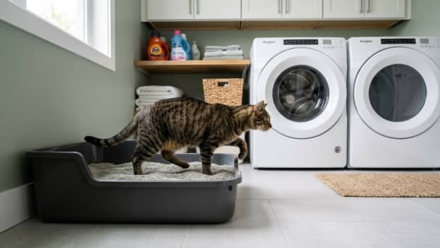 litter box placement in laundry room with airflow for odor control