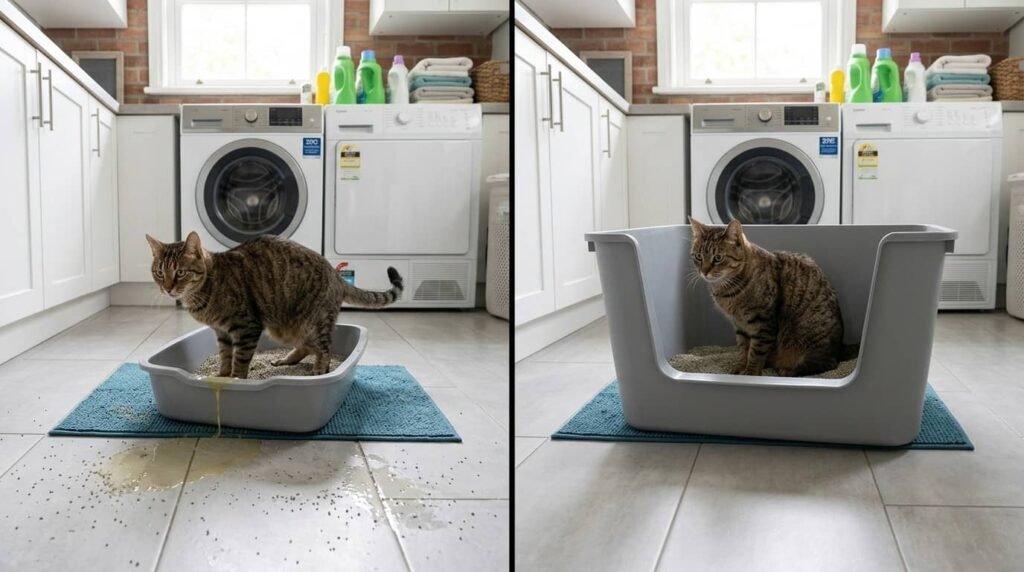 cat peeing outside litter box compared to high sided litter box preventing mess on floor