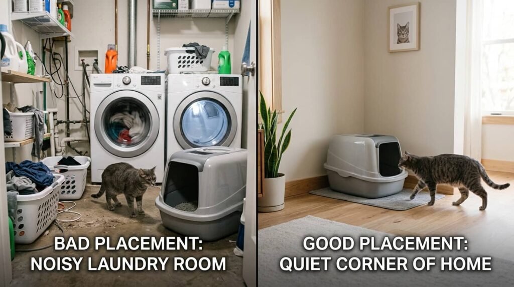 bad vs good litter box placement noisy laundry room vs quiet corner