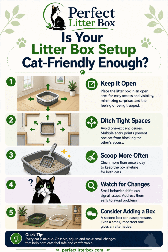 can two cats share a litter box infographic showing setup tips like open placement cleaning and adding another box