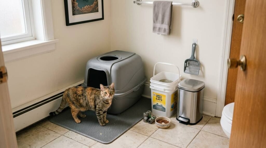 litter box with nearby litter container scoop and trash bin in small apartment bathroom