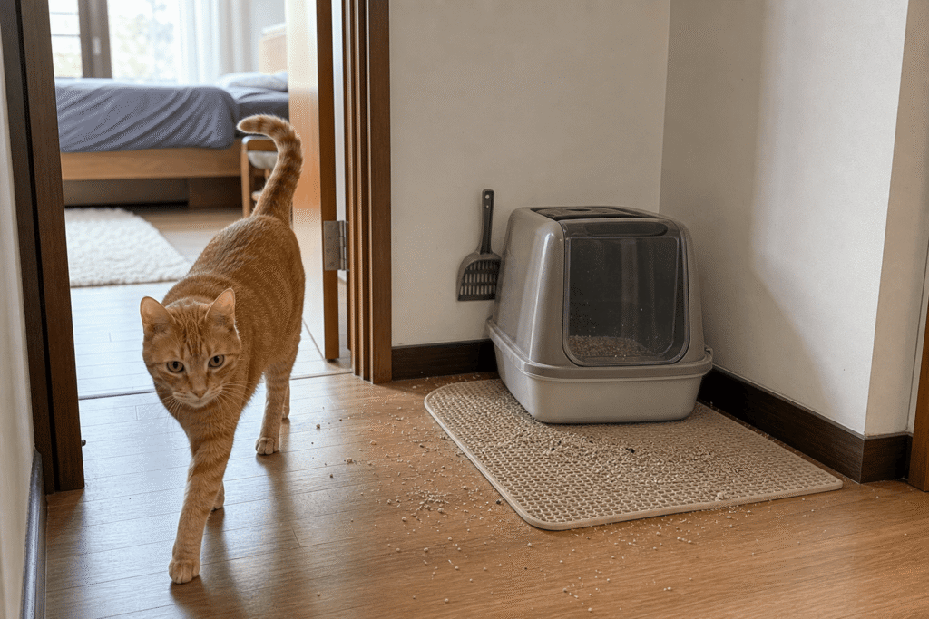 litter box in small apartment hallway with cat walking away and litter scattered on floor