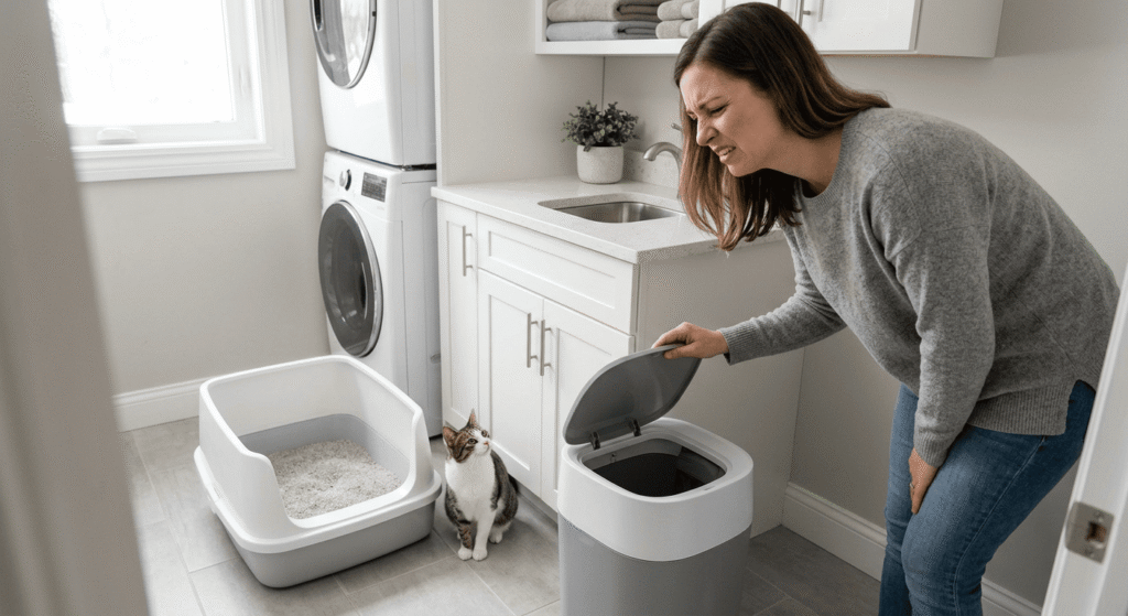opening a cat litter disposal system showing odor buildup in a laundry room