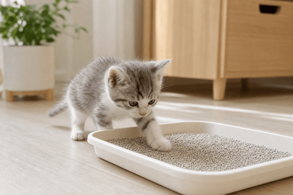 kitten stepping into low entry litter box during training