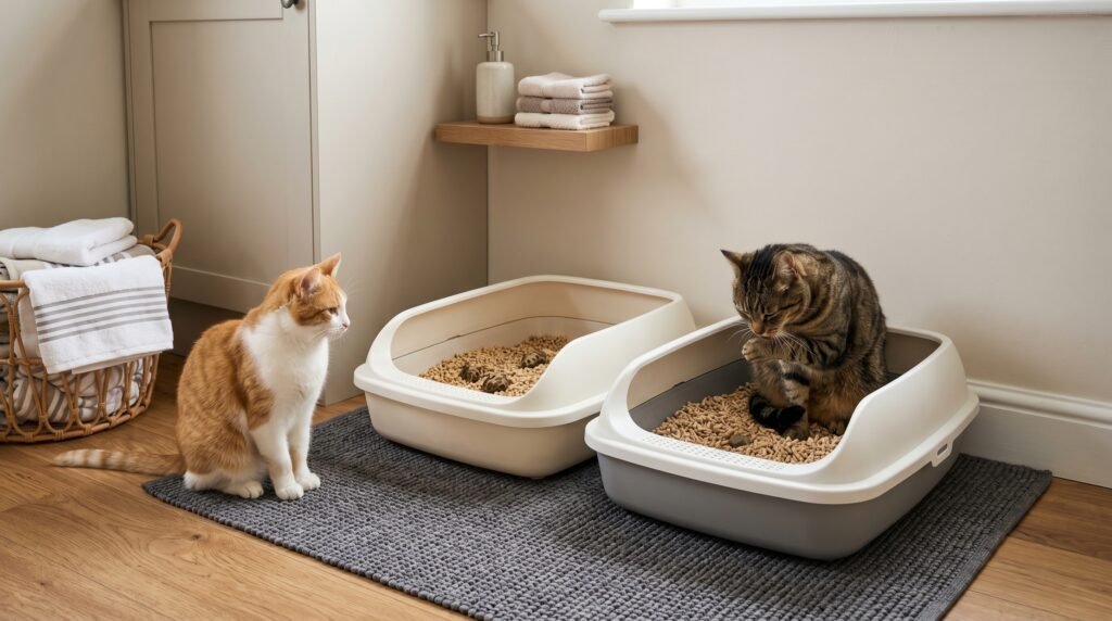 two cats using separate litter boxes in a clean multi cat setup