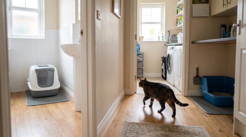 two litter boxes placed in separate rooms with cat walking between them