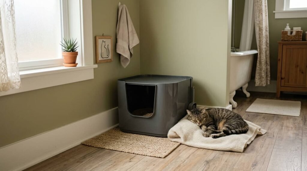 litter box placed in a quiet bathroom corner with relaxed cat nearby