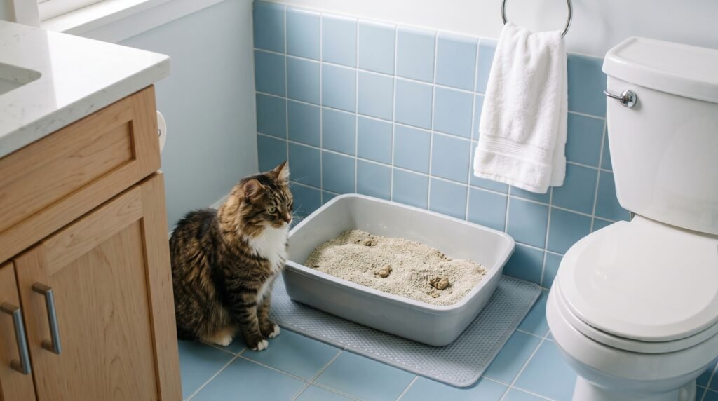 slightly used cat litter box with clumps in a clean bathroom