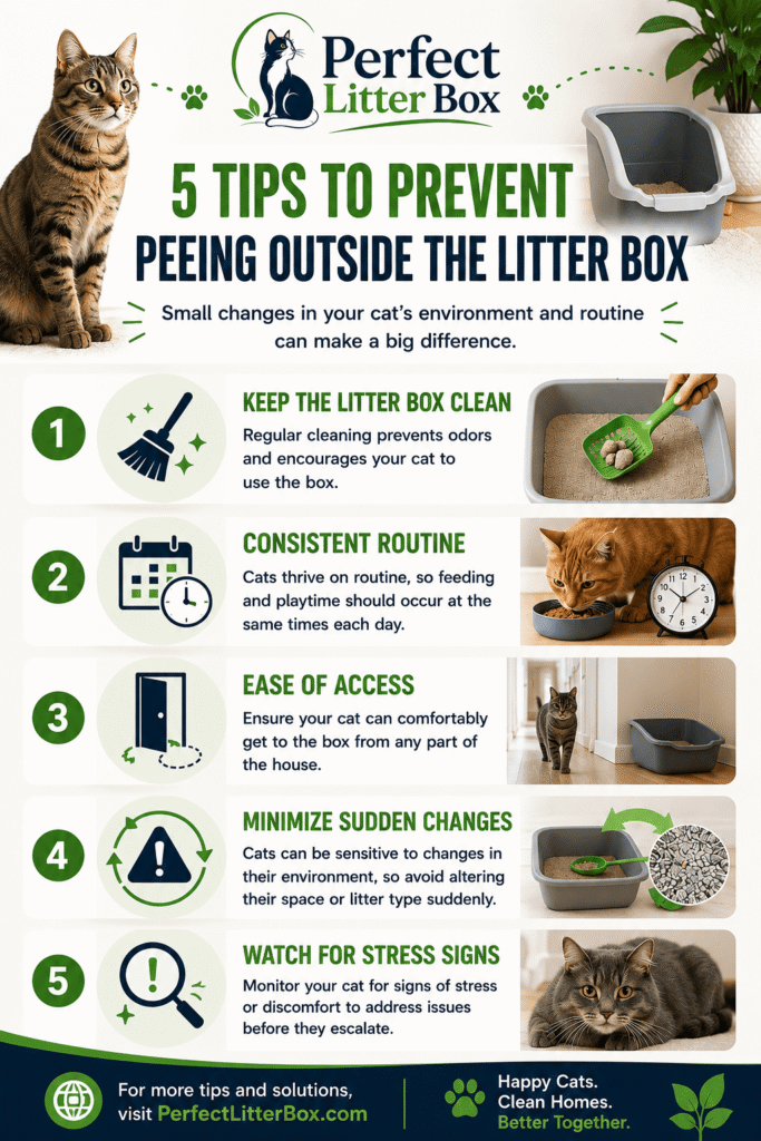 tips to prevent cat peeing outside the litter box infographic with litter box cleaning routine and stress signs