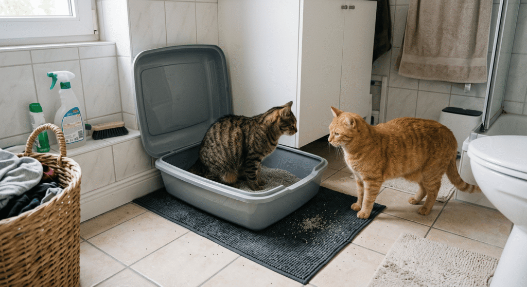 two cats near a litter box in a bathroom with one cat inside and another waiting nearby