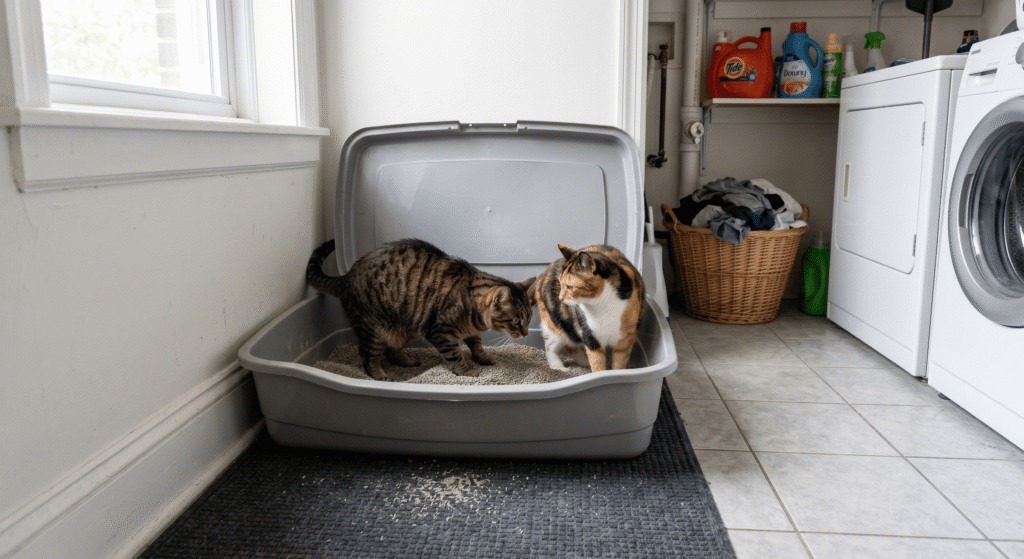 two cats using a litter box together in a laundry room setup