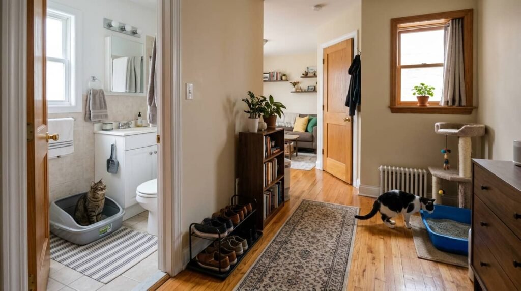 two litter boxes in small apartment with cats using separate bathroom and living area setups