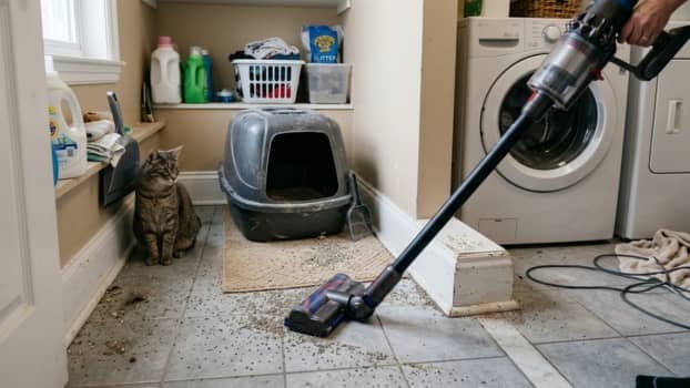 vacuum cleaning cat litter around litter box in corner with cat nearby