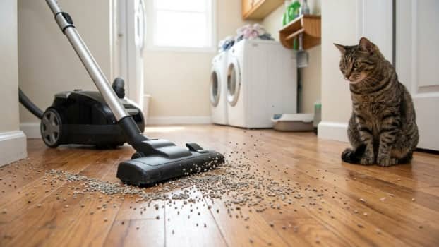 vacuum pushing cat litter across hardwood floor with cat nearby