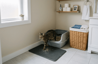 where to put a litter box in a small apartment bathroom corner with open litter box and cat
