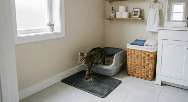 where to put a litter box in a small apartment bathroom corner with open litter box and cat