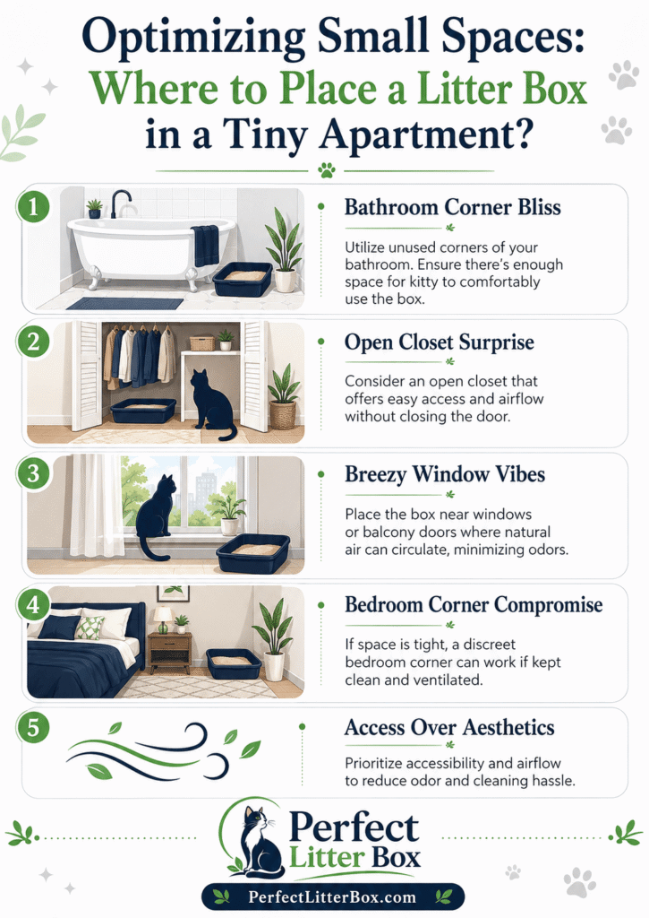 where to put a litter box in a small apartment with bathroom closet bedroom and window placement ideas