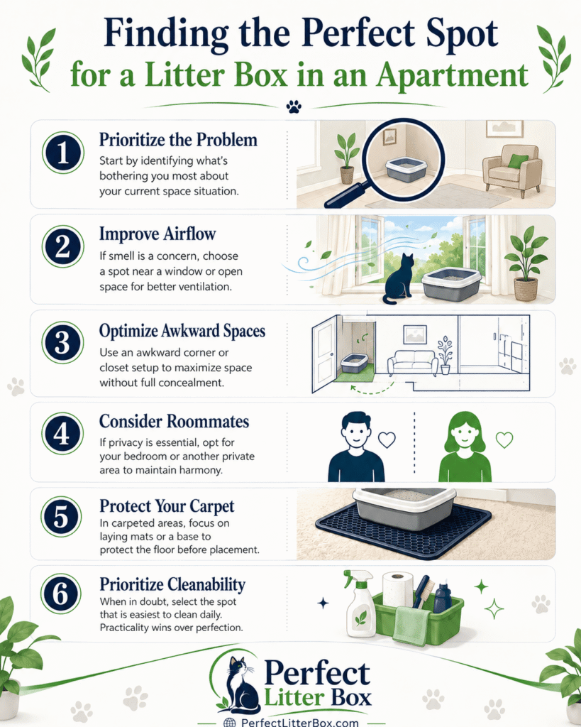 guide showing where to put a litter box in a small apartment including airflow corners and carpet protection