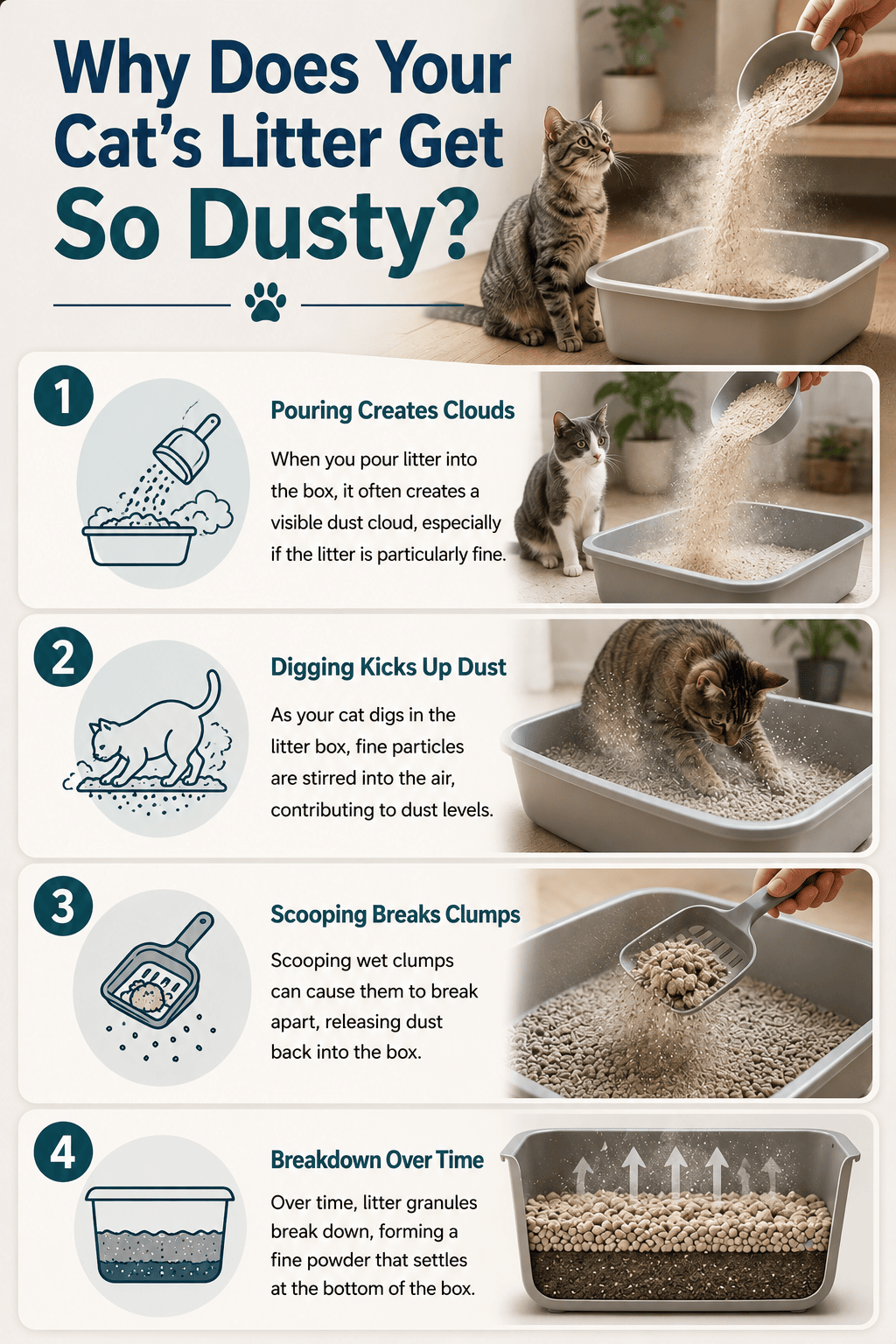 infographic showing why cat litter gets dusty including pouring digging scooping and litter breakdown over time
