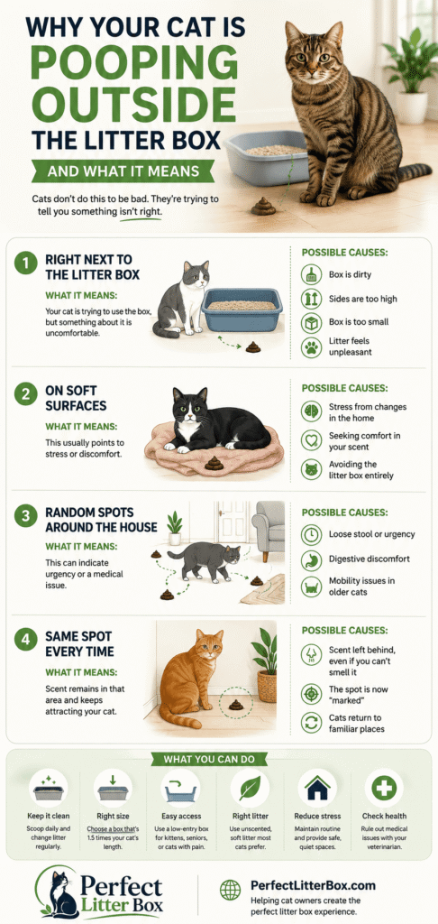 infographic showing reasons why a cat poops outside the litter box and what it means