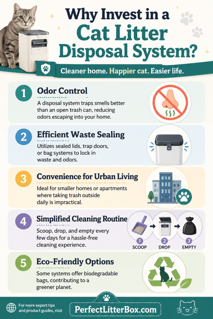 infographic explaining benefits of a cat litter disposal system including odor control, waste sealing, convenience, easy cleaning, and eco friendly options