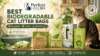 biodegradable cat litter bags displayed with litter box, scoop, and cat in a clean home setting highlighting eco-friendly waste disposal